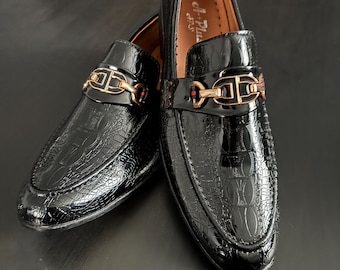 Mens Black Loafers - Shiny Faux Leather Formal Party Shoes