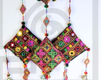 Handmade Embroidered Cushion Door Chime Set: Antique Mirror Work, Nickel Bells