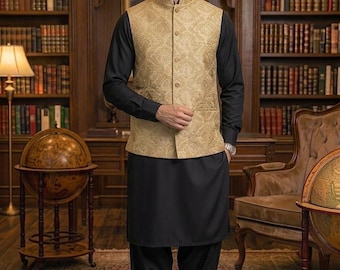 Mens Gents Boys waistcoat Nehru jacket Indian Pakistani Banarsi fabric gold tilla fabric wedding Party