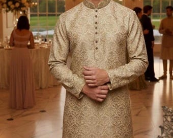 Mens gents wedding party kameez Kurta Banarsi shirt hand Embroidery Indian Pakistani