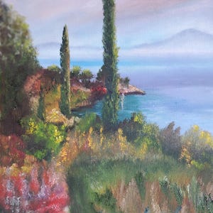 landscape Mediterranean oil painting blue green pink wall decor living room kitchen decor birthday mother&#39;s day gift present 12.6×9.45 inche