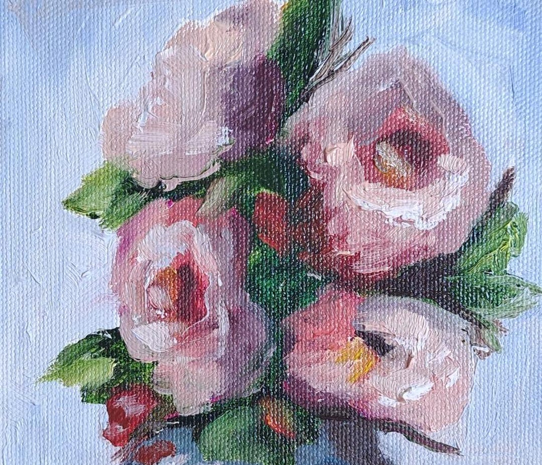 Roses in a Vase on a Blue Background Pink Green Small Picture Oil Paint ...