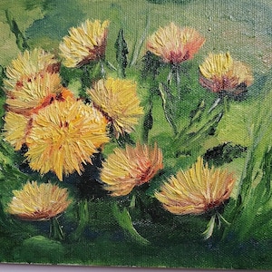 Dente di leone Sole primaverile luminoso gress natura ARTE giallo verde miniatura piccolo quadro dipinto a olio compleanno festa della mamma regalo 15*20 cm