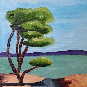 Paisaje marino verde azul marrón pequeño cuadro pintura al óleo miniatura decoración del hogar cumpleaños día de la madre regalo presente decoración de pared 15 × 20 cm