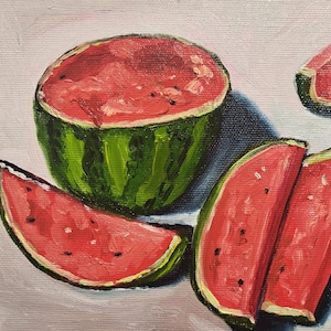 watermelon ART pink green red fruit  small picture oil painting miniature home wall decor home present 20×20cm birthday mother&#39;s day gift