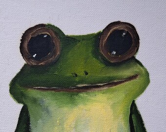 green frog funny animal painting natural present children's room decor birthday  gift mini small picture mothers valentinas day 5.9×7.9 inch