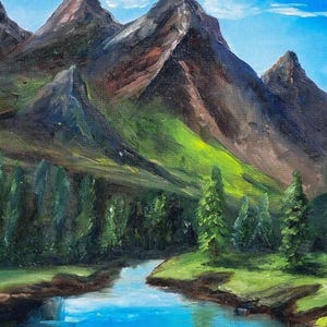 Mountains landscape natural blue brown green  small picture oil painting home wall living birthday mother&#39;s day gift present 15.8×11.8inch