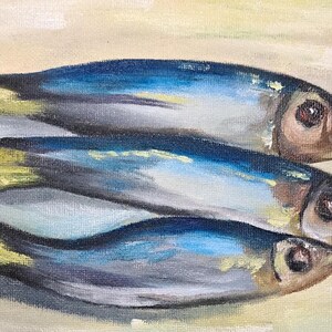 fish grey ART white blue food fishing small picture oil painting miniaturehome decor present 5.9×7.9 inches birthday mothers day gift