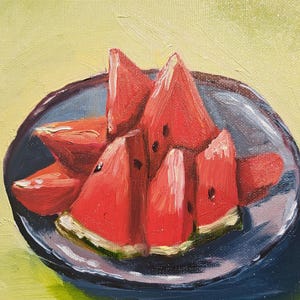 watermelon pink red green fruit small picture oil painting miniature wall home decor present 20×20cm birthday mother&#39;s day gift