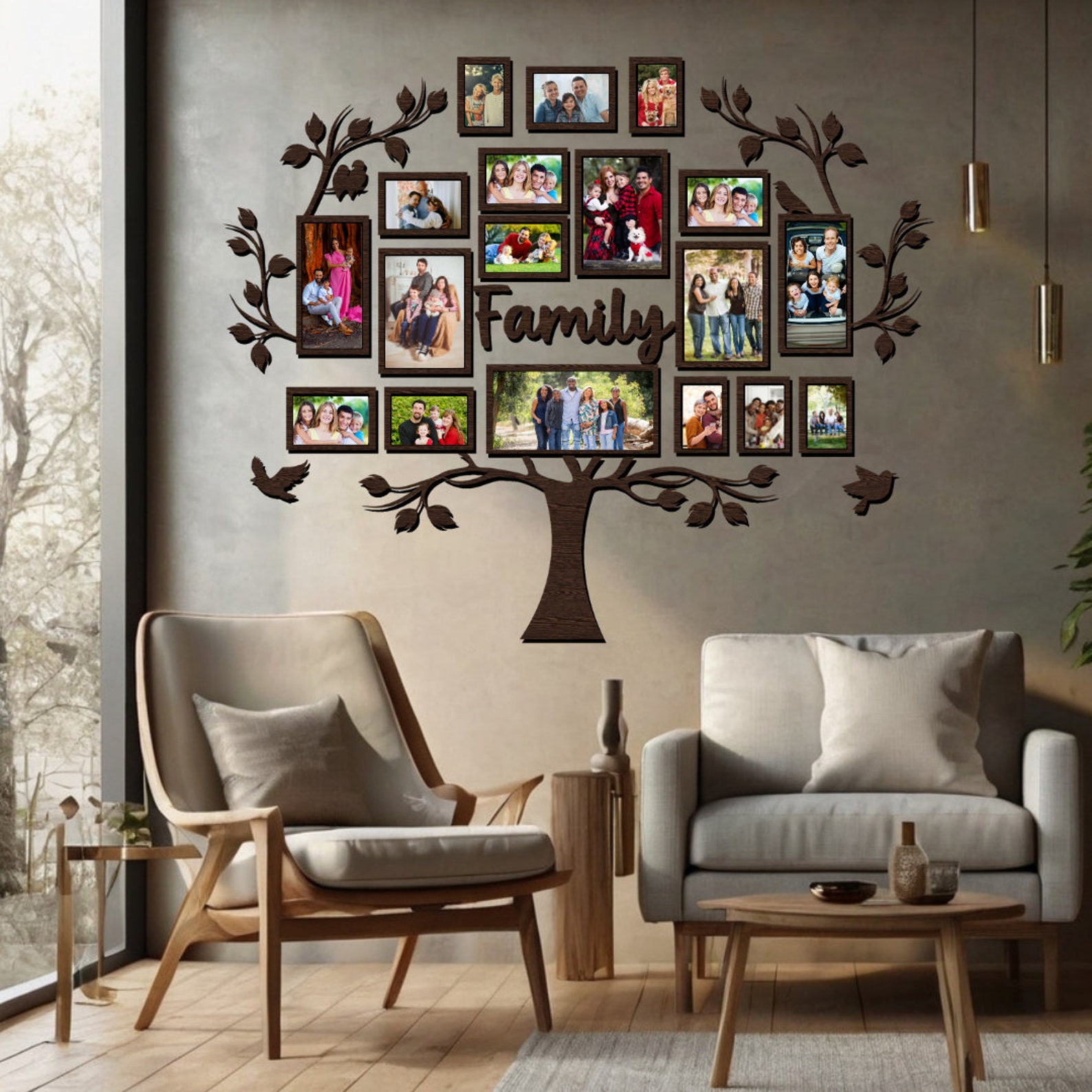 Big Wooden Family Tree Photo Collage Wall Art, Family Tree Wall Decor ...
