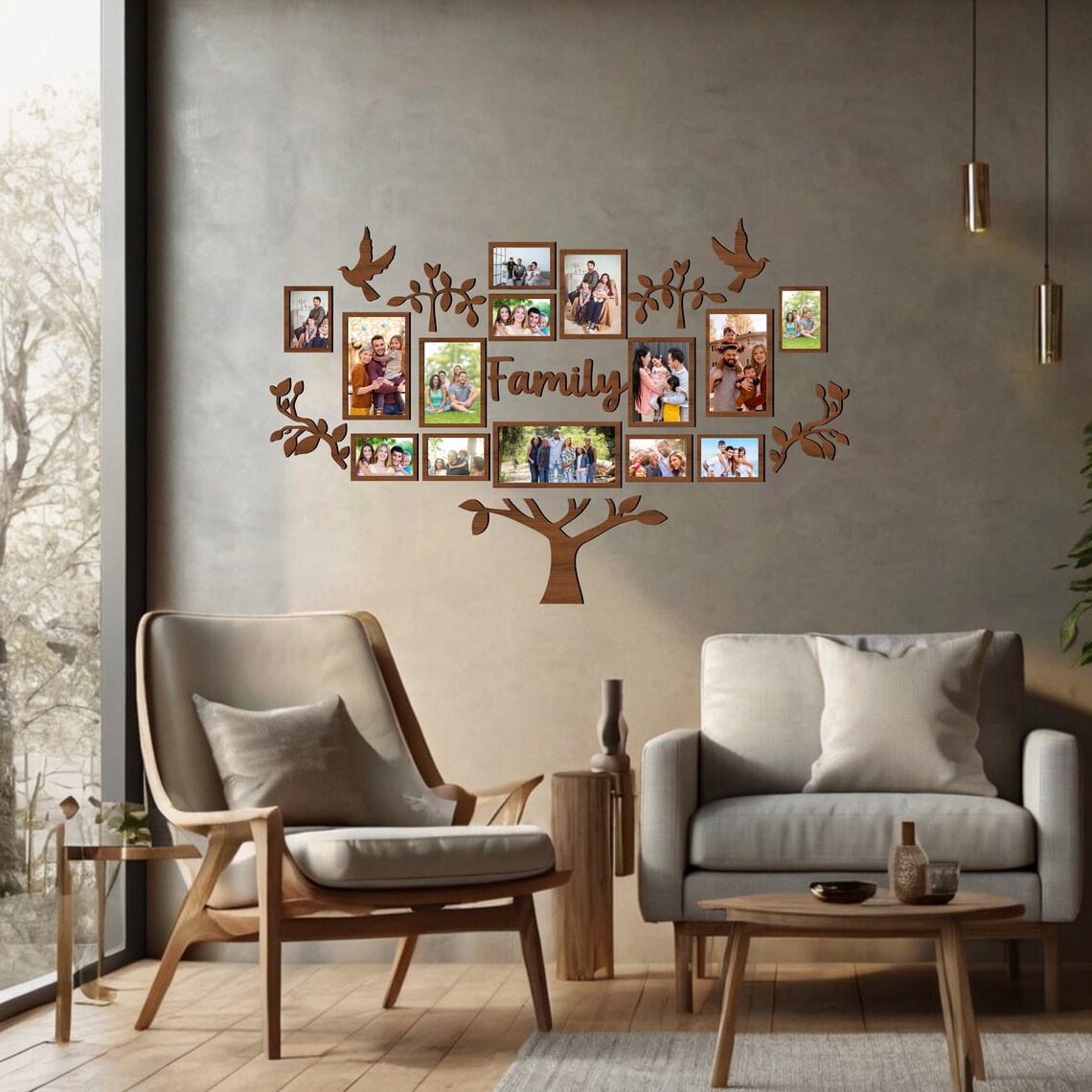 Wooden Family Tree Photo Collage Wall Decor, Living Room Wooden Wall ...