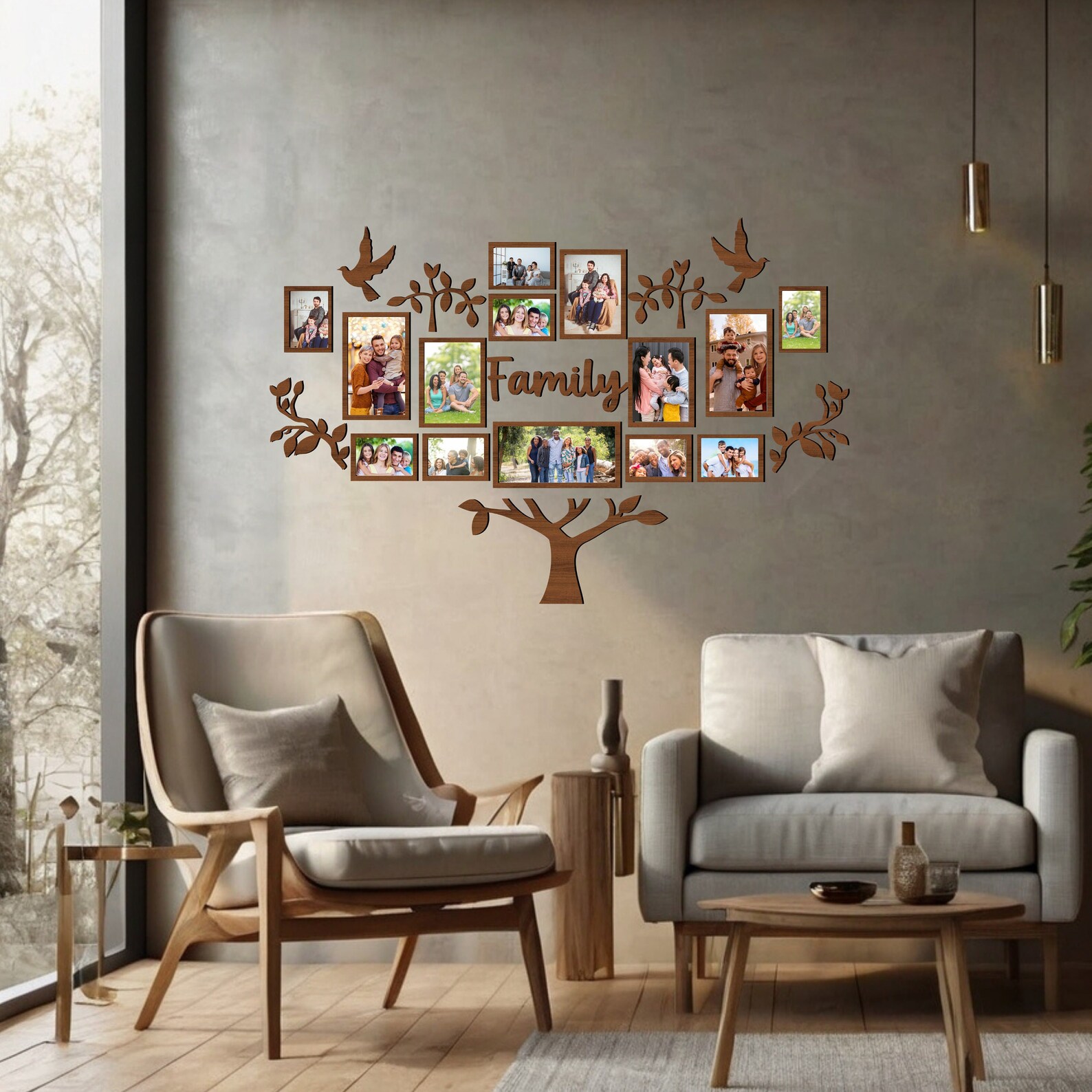 Wooden Family Tree Photo Collage Wall Decor, Living Room Wooden Wall