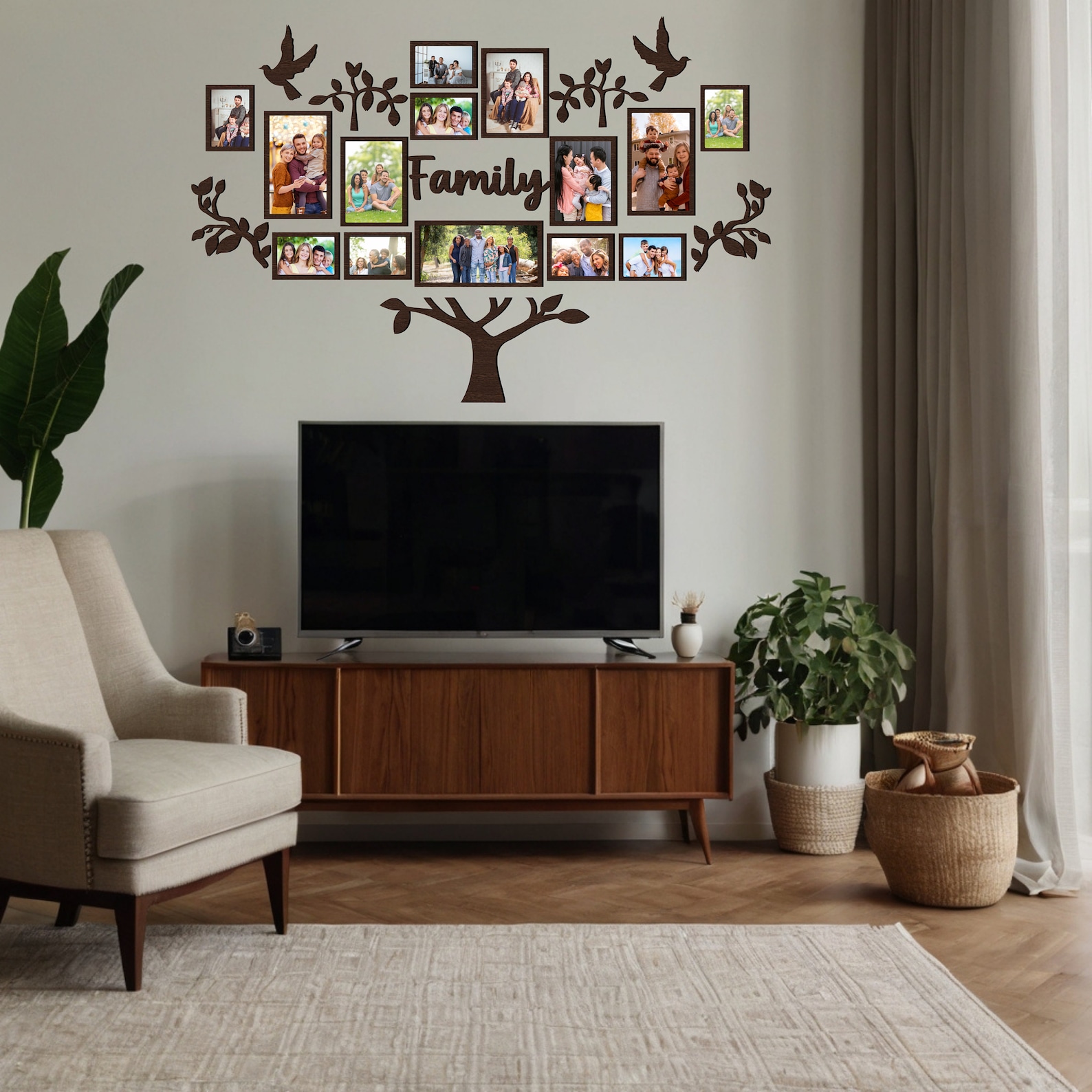 Wooden Family Tree Photo Collage Wall Decor, Living Room Wooden Wall ...