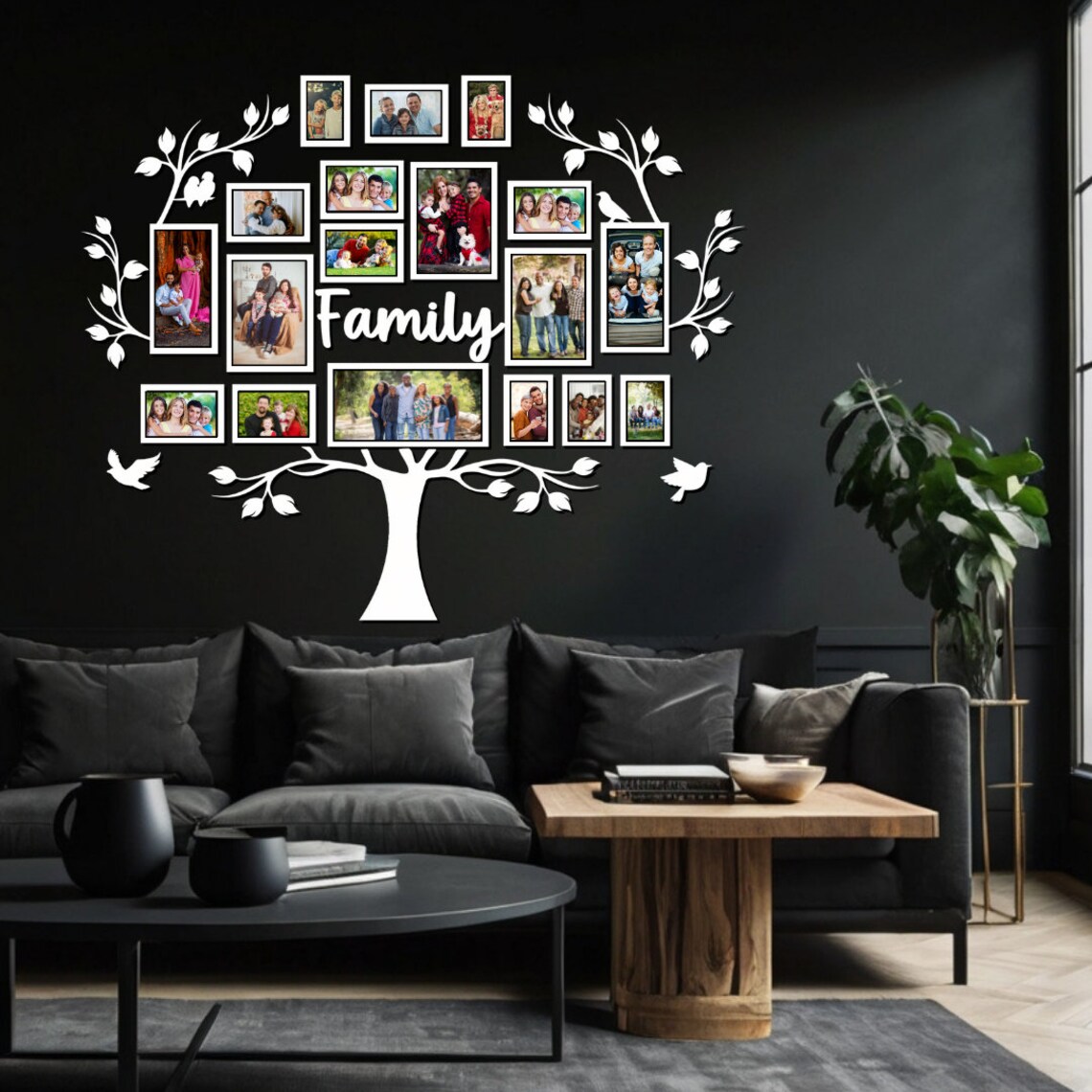 Big Wooden Family Tree Photo Collage Wall Art, Family Tree Wall Decor ...