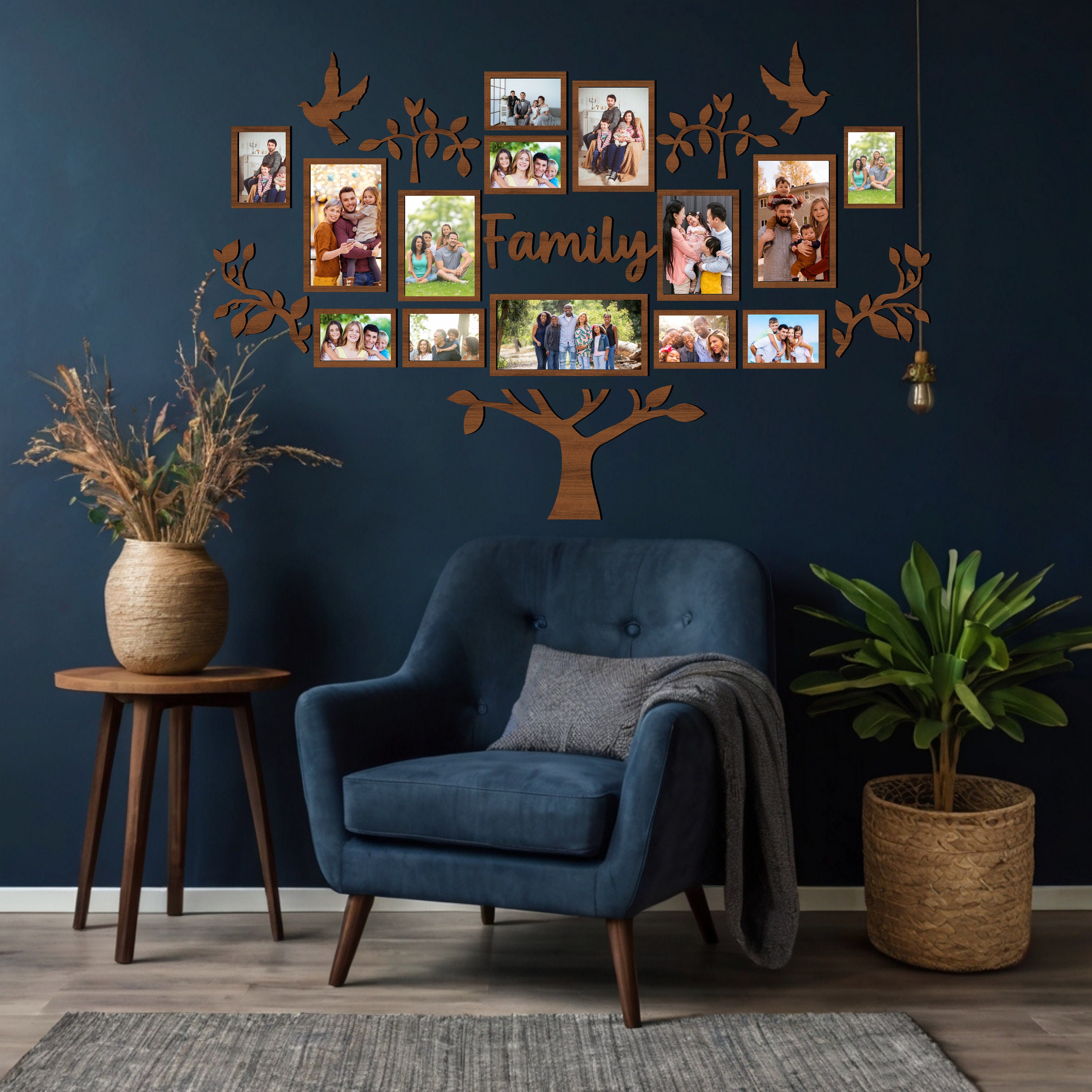 Wooden Family Tree Photo Collage Wall Decor, Living Room Wooden Wall ...