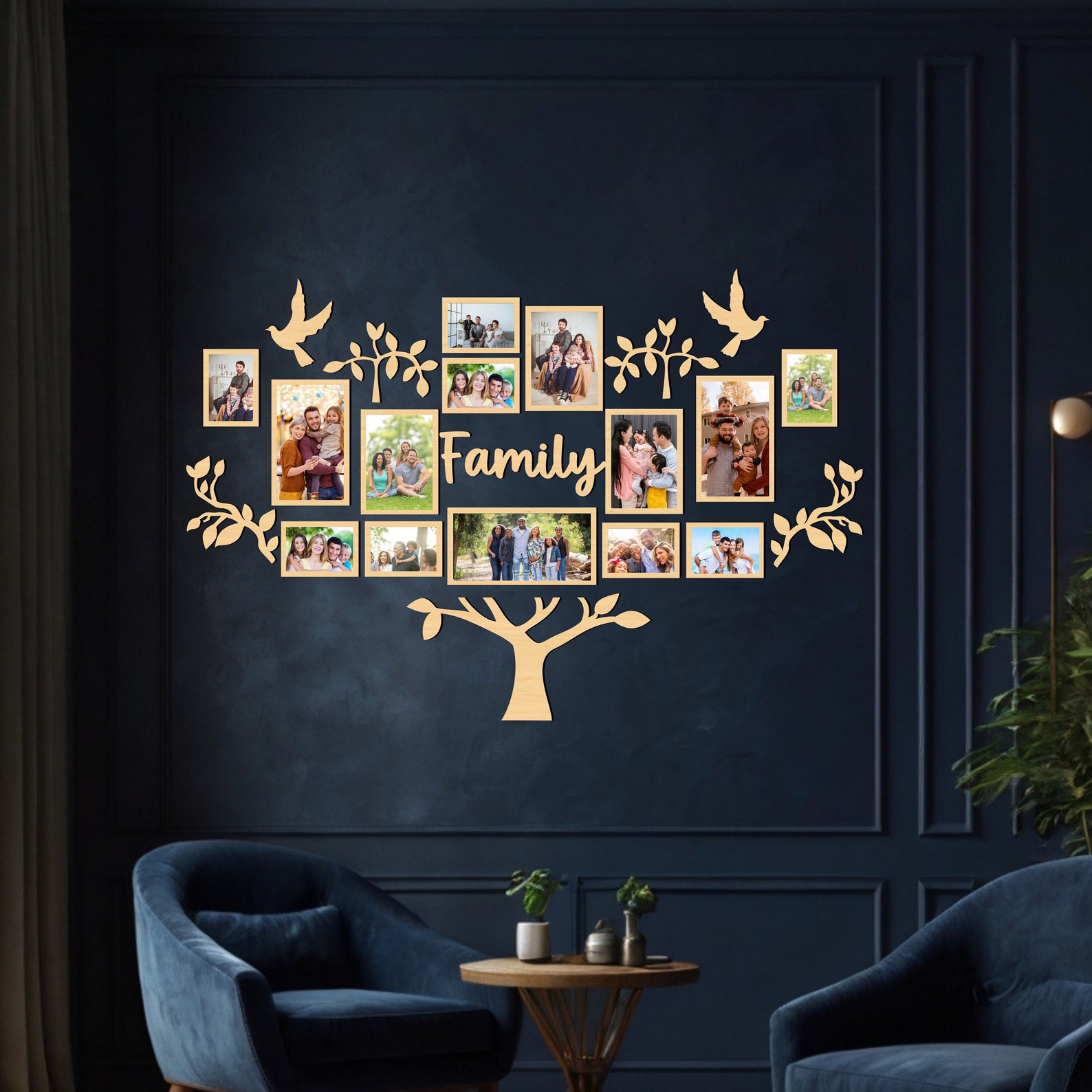 Wooden Family Tree Photo Collage Wall Decor, Living Room Wooden Wall ...
