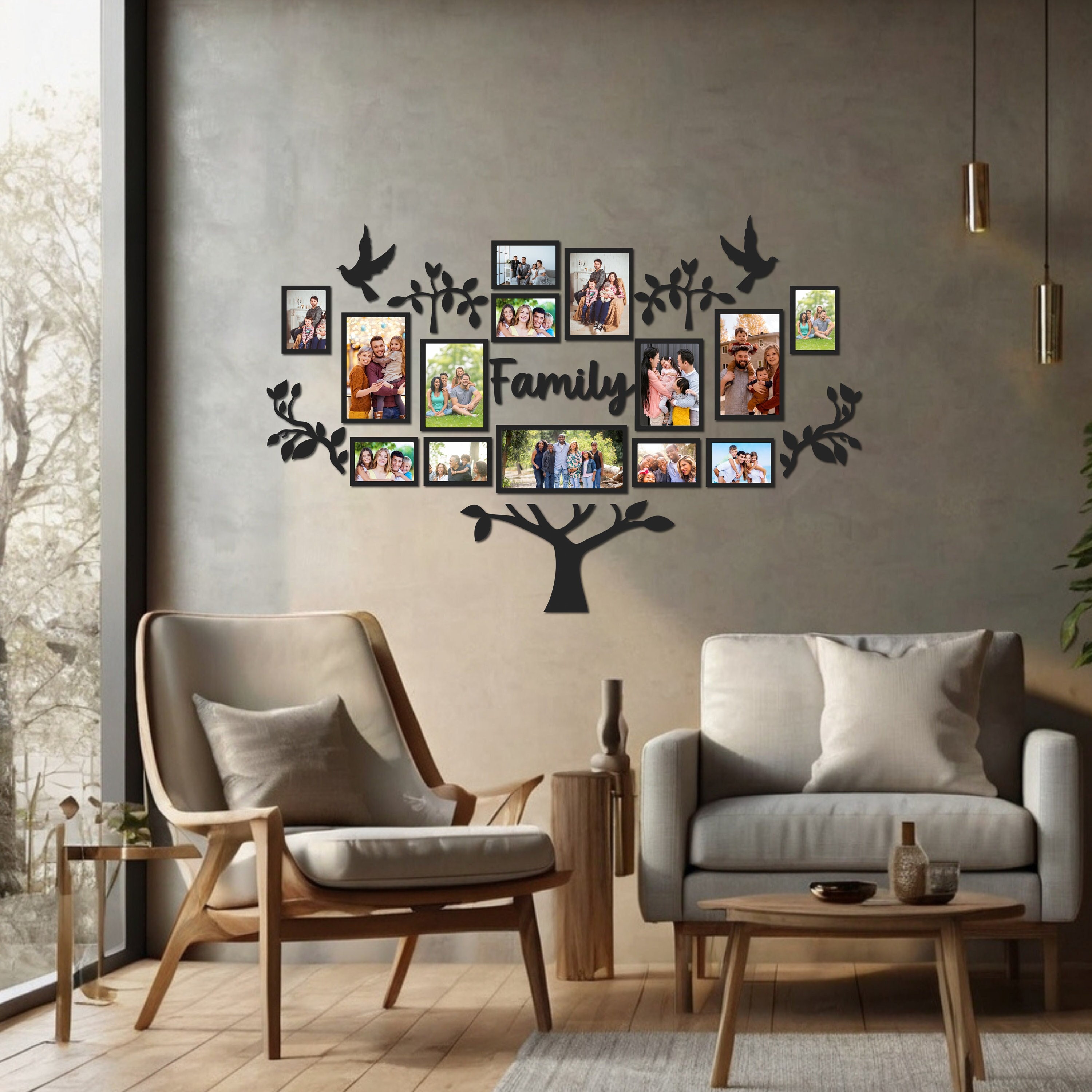 Wooden Family Tree Photo Collage Wall Decor, Living Room Wooden Wall ...