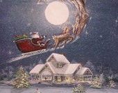 Folk Art Christmas Santa Sleigh Reindeer PRINT Snow House with Lights Byrum Art