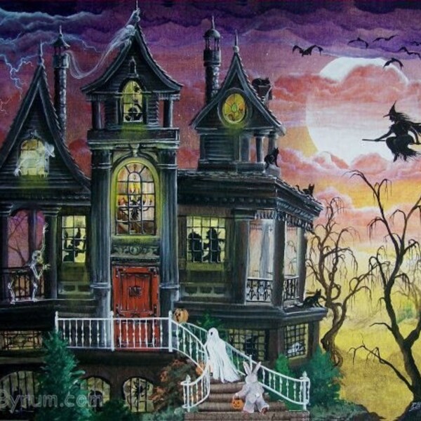 Byrum Folk Art Halloween Maison hantée Imprimer Witch Trick ou Treat HAGUILD
