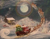 Folk Art Christmas Santa PRINT quot Up Away quot Santa Sleigh Reindeer Snow Cabin Byrum