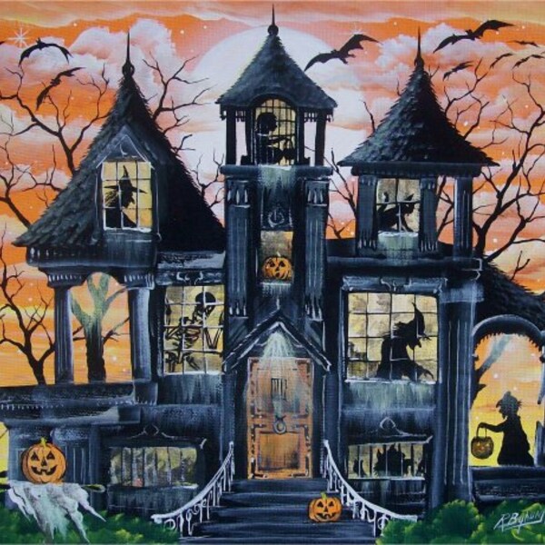 Maison hant&eacute;e de la sorci&egrave;re HALLOWEEN Folk Art PRINT sorci&egrave;res enfants chats Byrum