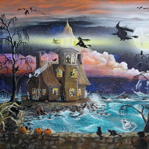 Byrum Art populaire « Maison hantée de lumière » Haunted Ship océan mer pierre mur sorcières noir chats pleine lune fantômes aux couleurs d’Halloween sont vives