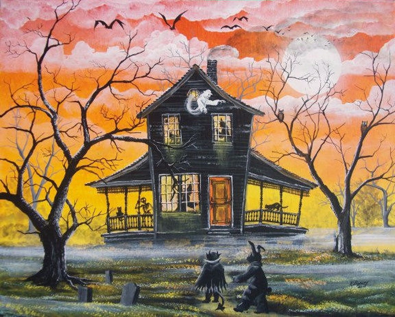 Folk Art HALLOWEEN Haunted House PRINT haunted Bunny - Etsy