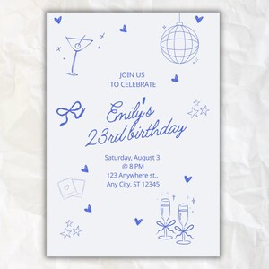 Trendy Hand-Drawn 23rd Birthday Invitation | Editable Canva Template with Doodles | Blue Cocktail & Disco Ball Design | Instant Download