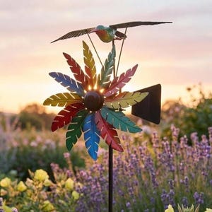 Kinetic Wind Sculpture: Hummingbird Windmill with Moving Wings