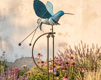 Blue Metal Hummingbird Rocker Stake, Rocking Garden Art with Kinetic Wings (Rustic Outdoor Decor)
