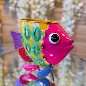 Tropical Metal Fish Planter, Colorful Ocean Design (With Drainage Hole)