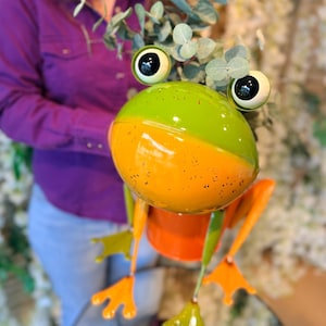 Jardinière en pot de fleurs grenouille verte - Décoration de jardin en métal pour l'extérieur
