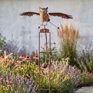 Lifesized Owl Yard, Kinetic Wings Wind Sculpture - Hand-Painted Powder-Coated Patina | 39X18X60H