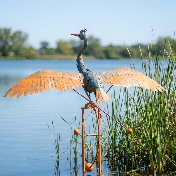 Rustic Patina Metal Kinetic Lifesize Blue Heron Rocker Wind Sculpture