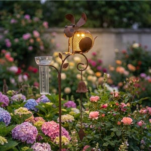 Metal Rustic Solar Dog Rain Gauge Garden Stake Outdoor Decorative Yard Art