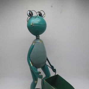 Tall Metal Green Frog Statue Pushing Wheel Barrow Cart