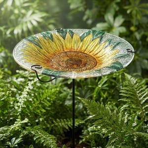 Bird Bath and Feeder on Stake: Sunflower Design - Painted Glass Garden Art