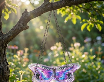 Purple Glass Butterfly Hanging Outdoor Bird Bath and Feeder