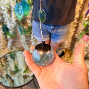 A hand holding a small, round, glass ornament with a black base, against a backdrop of a floral arrangement.