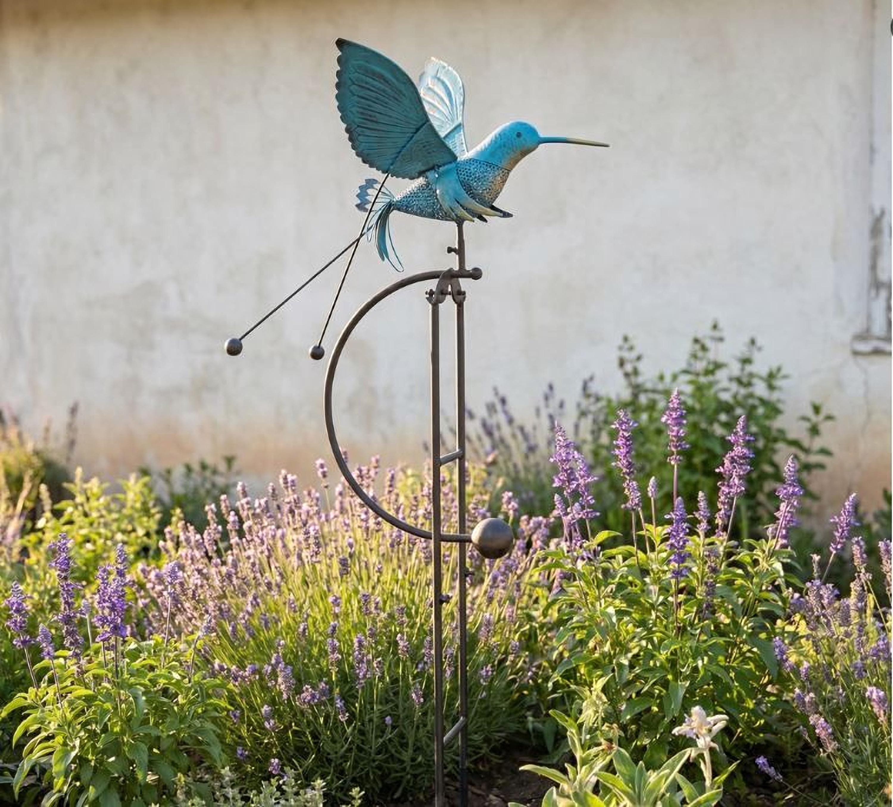 Blue Metal Hummingbird Rocker Stake, Rocking Garden Art With