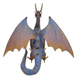 A detailed 3D rendering of a dragon with large, colorful wings and a long, curved tail.