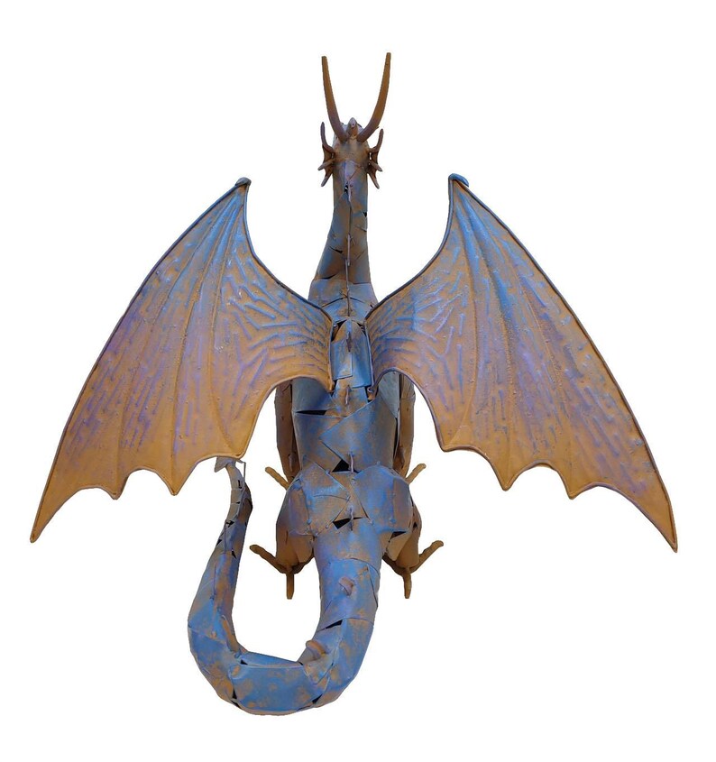 A detailed 3D rendering of a dragon with large, colorful wings and a long, curved tail.