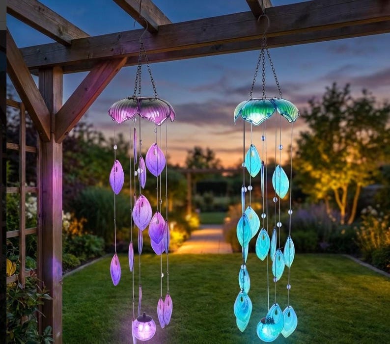 two wind chimes hanging from a wooden structure, each with a unique design and color scheme. The chimes are illuminated with blue and purple lights, creating a captivating and serene atmosphere in the garden.