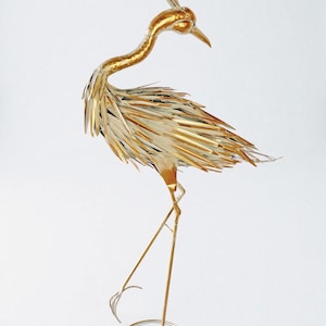 Metal White Tall Heron Garden Decor Outdoor Statue Yard Art with Gold Accent Paint