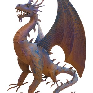 A large, detailed dragon sculpture with a fierce expression and vibrant colors.