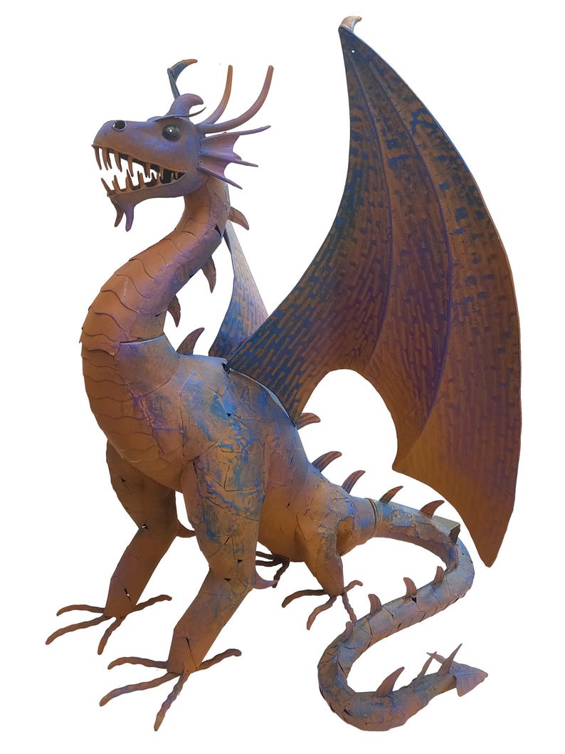 A large, detailed dragon sculpture with a fierce expression and vibrant colors.