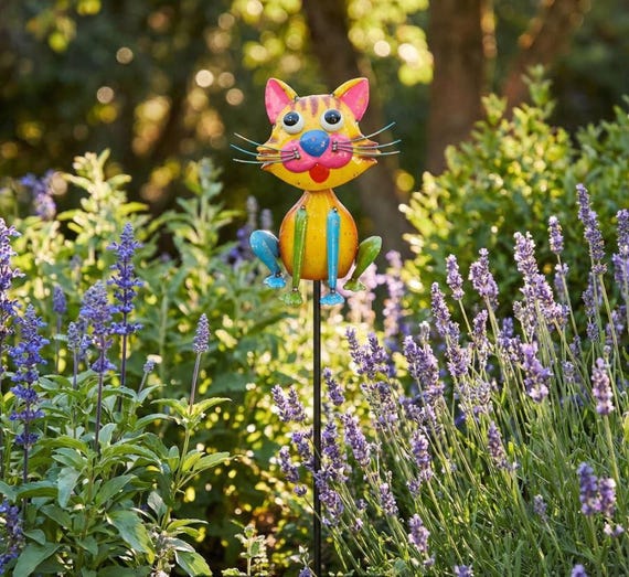 Cat Garden Stake: Bright Yellow Enamel - Recycled Metal Yard Art