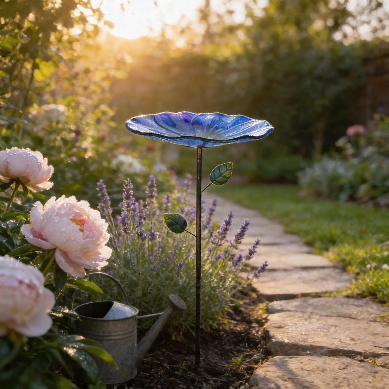 A blue bird bath with a green stem and leaves stands in a garden, surrounded by pink peonies and purple flowers, with a stone path leading through the lush greenery.