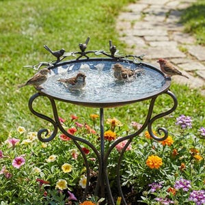 Bird Bath, Outdoor Galvanized Metal Accent | Yard Art | Farm House Cottage Style | Gray Finish
