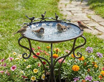 Bird Bath, Outdoor Galvanized Metal Accent | Yard Art | Farm House Cottage Style | Gray Finish